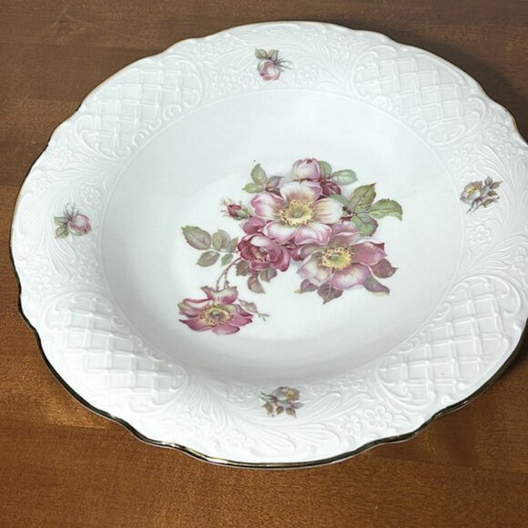 Vintage Schumann Arzberg Wild Rose Serving Dish Shallow Bowl Gold Gilded Edge - Picture 5 of 5